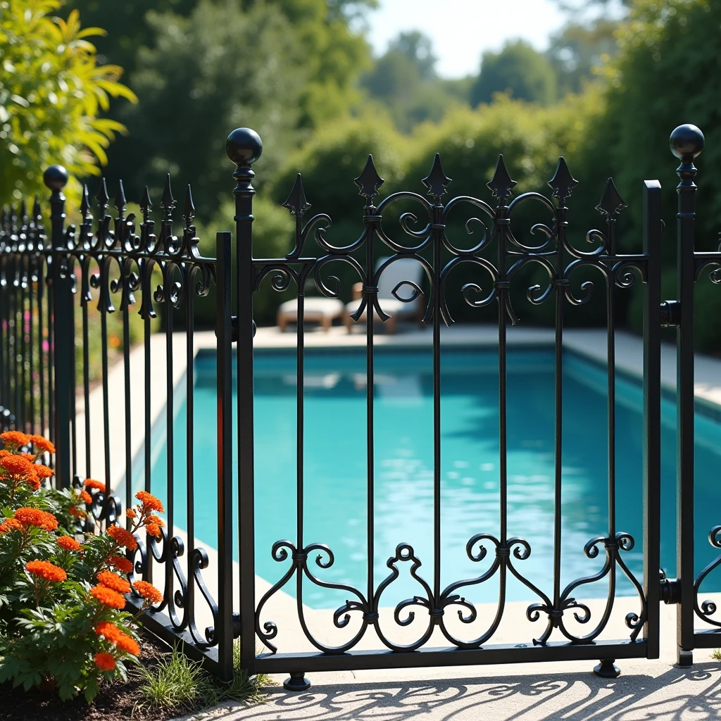 wrought iron fence around a pool, high resolution, 32k, real,