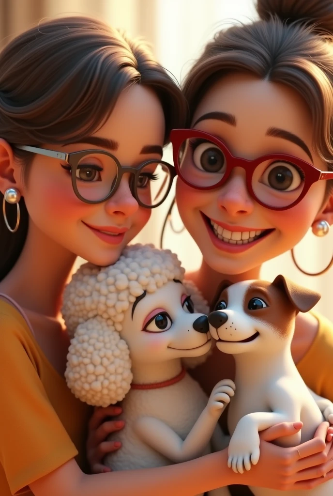 A 3 woman with big glasses, tender, smiling, pearl hoops, somewhat unstructured, brown hair up, with a part in the middle, jugando y abrazando a sus perros un caniche blanco tierno y un perro Jack Russell con mancha en el ojo marron tierno y smiling personaje de animación, stylized characters, animation style rendering, 3D stylized, Arnold Maya rendering, Render 3D stylized, Toon render keyshot, 3D character, 3D character, Stylized 3D rendering, 3d character rendering, cartoon character, Close-up character, Character pose, (pixar style) (master part:1.2) (bokeh) (Best Quality) (detailed skin) (detailed texture) (8k) ( clay) (cinematic lighting) (sharp focus