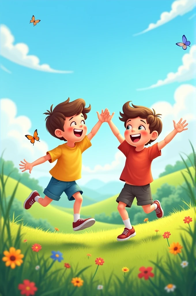 Create cartoon images where two boy playing in field