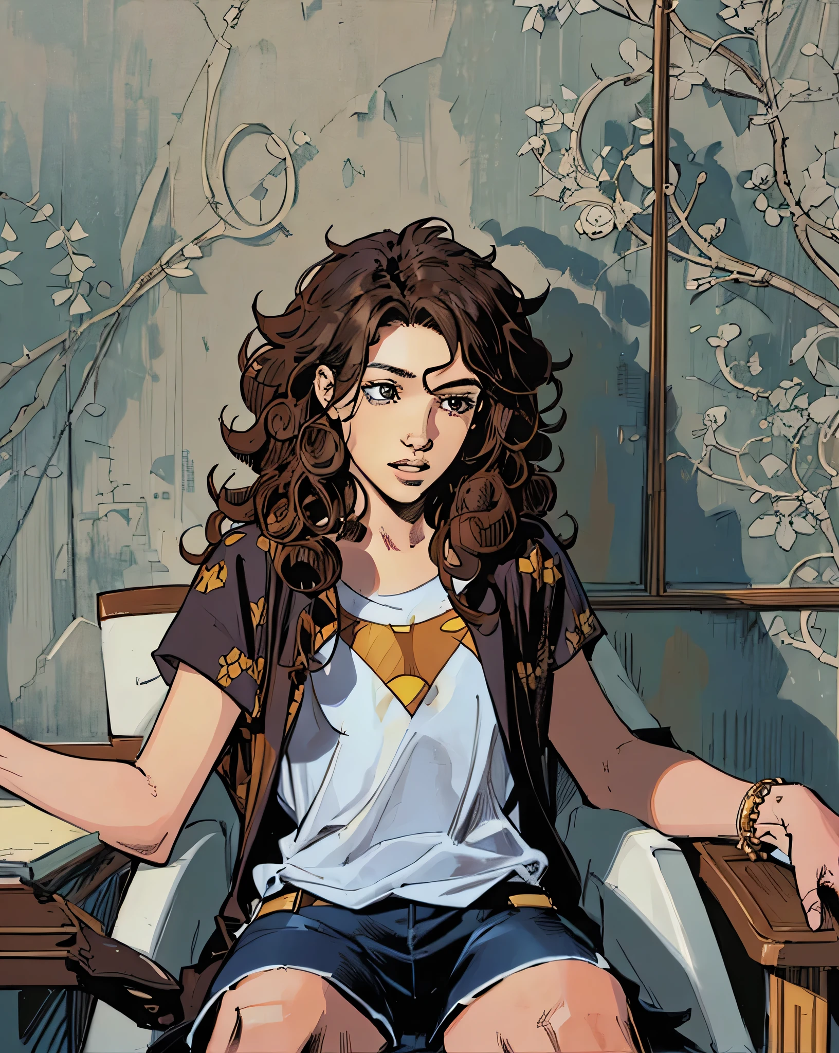 there is a woman sitting in a chair with a cell phone, long curly hair, curly long hair, long dark curly hair, long curly brown hair, curly haired, brown curly hair, curly hair, with long curly hair, curly brown hair, curly dark hair, fair curly hair, long brown puffy curly hair, curly, long curly hair intricate, (Masterpiece), (best detail), Young and good-looking, (Best quality), jim lee, simple background, DC comics, Marve Comics, Detailed illustrations, American comics background, flat illustration