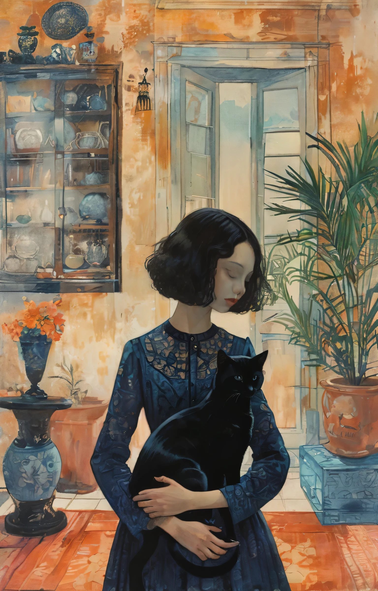 masterpiece,最high quality,Portrait of a girl holding a cat,figure,Diane Dillon Style,The highest masterpiece、high quality、Golden ratio composition、