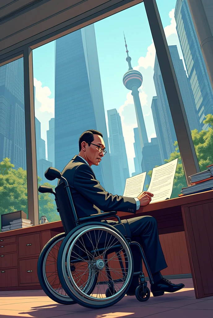 Japanese comic style, Amidst the towering skyscrapers of the city center,In a luxurious CEO's office。Gu Luochen sits in a wheelchair,He is diligently reviewing documents at his desk。He looked focused,His brow reveals a touch of coldness and decisiveness。In the background, the city skyline can be seen through the floor-to-ceiling windows,Exuding an air of sophistication and modernity。