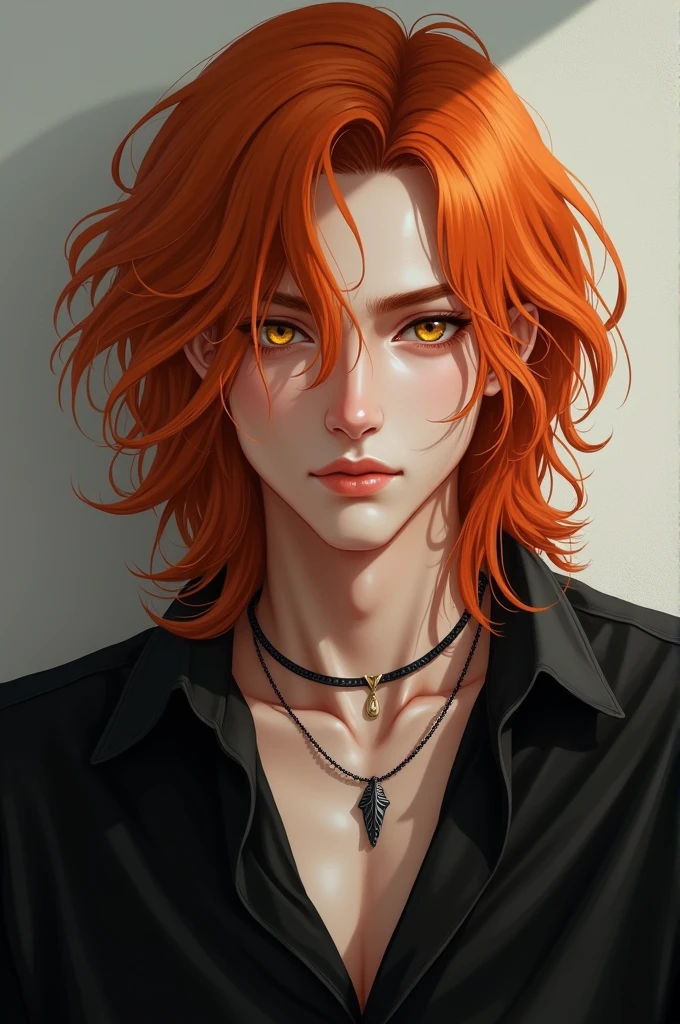 A male character with long orange hair and hazel eyes wearing a black shirt and a pair of necklaces around his neck