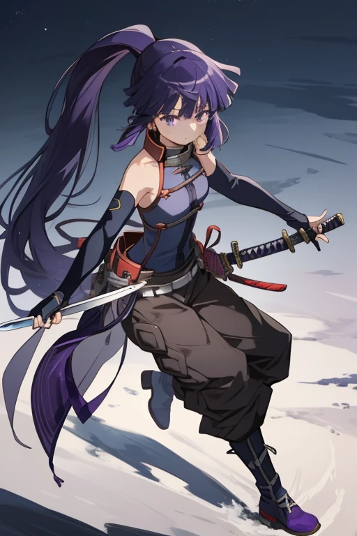 (masterpiece, best quality),  intricate details,
1girl,akatsuki_loghorizon,  purple hair, long hair, ponytail, purple eyes, flat chest,bare shoulders,elbow gloves,boots,pants,top-quality,Top image quality,perfect anatomy,masterpiece,ultra-detailliert,Beautiful、ultra-quality, best quality,high resolution, ultra-detailed,game cg,dutch angle ,beautiful detailed eyes, visualart,five fingers, perfect hands,japanese sword,(hold on japanese sword:1.3),acrobatic pose,moon