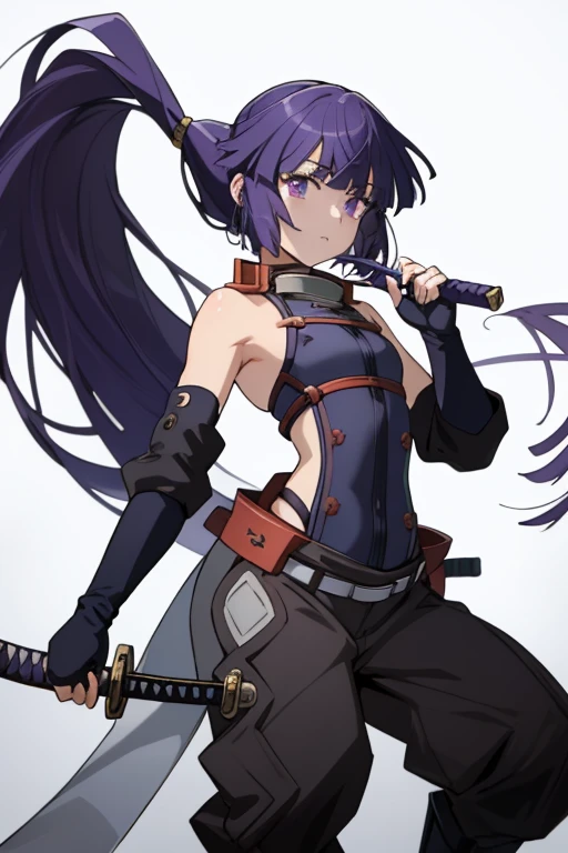 (masterpiece, best quality),  intricate details,
1girl,akatsuki_loghorizon,  purple hair, long hair, ponytail, purple eyes, flat chest,bare shoulders,elbow gloves,boots,pants,top-quality,Top image quality,perfect anatomy,masterpiece,ultra-detailliert,Beautiful、ultra-quality, best quality,high resolution, ultra-detailed,game cg,dutch angle ,beautiful detailed eyes, visualart,five fingers, perfect hands,japanese sword,(hold on japanese sword:1.3),acrobatic pose,moon