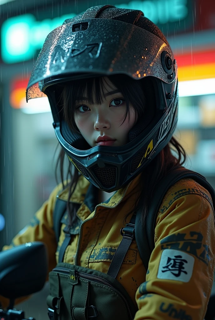 very beautiful Japanese high school girl, about to Ride on a off-road motorcycle, at convenience store at night, dramatic scene, masterpiece, (upper body:1.3), clear helmet visor, visor down, raining, water on visor, muddy visor, mud splashes, muddy clothes, beautiful eyes, Shoei helmet, (wearing off-road rider's outfits)