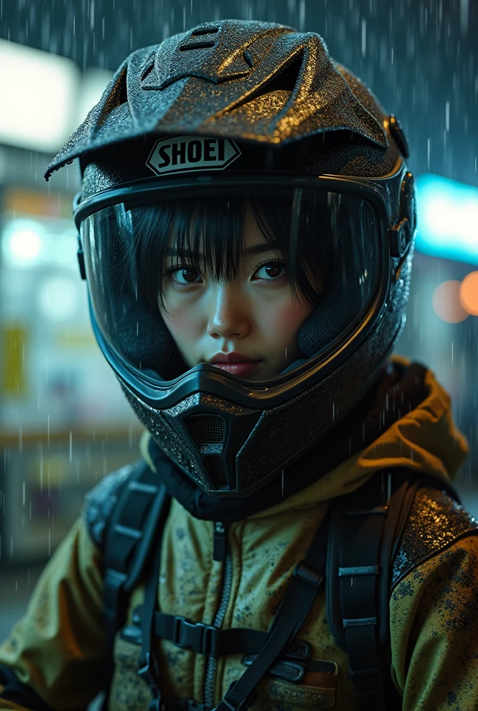 very beautiful Japanese high school girl, about to Ride on a off-road motorcycle, at convenience store at night, dramatic scene, masterpiece, (upper body:1.3), clear helmet visor, visor down, raining, water on visor, muddy visor, mud splashes, muddy clothes, beautiful eyes, Shoei helmet, (wearing off-road rider's outfits)