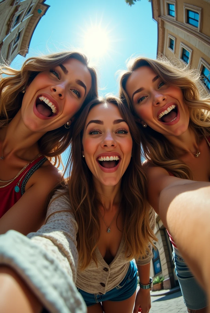 Caméra fisheye, photographie humoristique photoréaliste de 3 femmes prenant un selfie, avec un niveau de détail très poussé, les femmes regardant vers le bas. (Prise de vue de bas en haut)