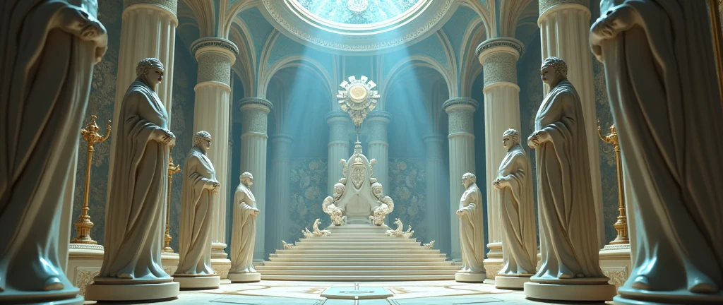 a close up of a futurist room with statues and a big throne in the center, galactic temple, ultra detailed symbolism, esoteric, archillect concept art, artgem and beeple masterpiece, esoteric art, alchemy concept, the temple of truth is cream and blue, atmoshperic, occult aesthetics alchemy, ultra-resolution, intricately detailed, low angle, 8k by Helmut Newton, complex background.