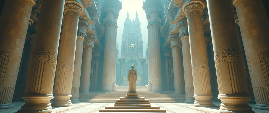 a close up of a futurist room with statues and a big throne in the center, galactic temple, ultra detailed symbolism, esoteric, archillect concept art, artgem and beeple masterpiece, esoteric art, alchemy concept, the temple of truth is cream and blue, atmoshperic, occult aesthetics alchemy, ultra-resolution, intricately detailed, low angle, 8k by Helmut Newton, complex background.