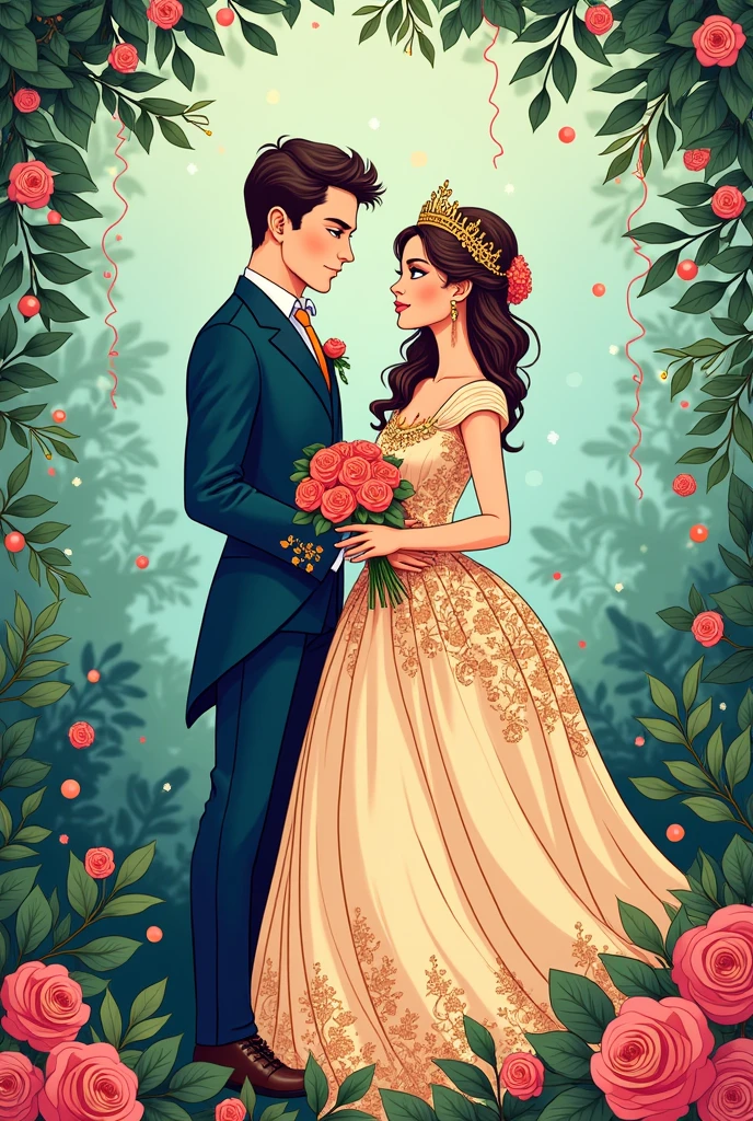 High detail vector drawing of a princess and prince wedding showing their full bodies in the picture. Colorful line art drawing. Vector drawing. 