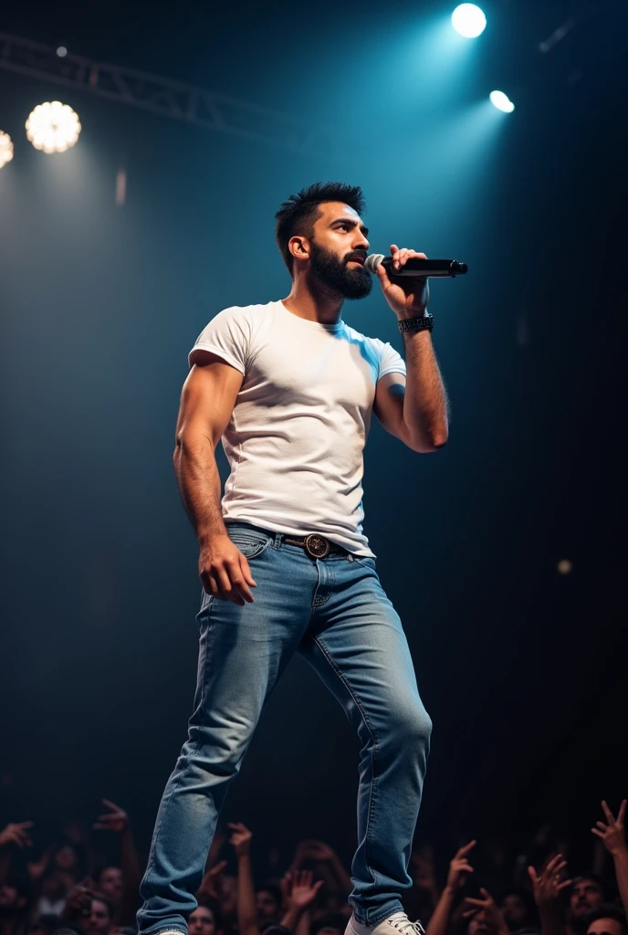 A handsome bearded mature Iranian boy wearing tight blue jeans and tight white t-shirt looking like a muscular model singing a song on stage having perfect protruding bulge and . and your figure is so stunning..