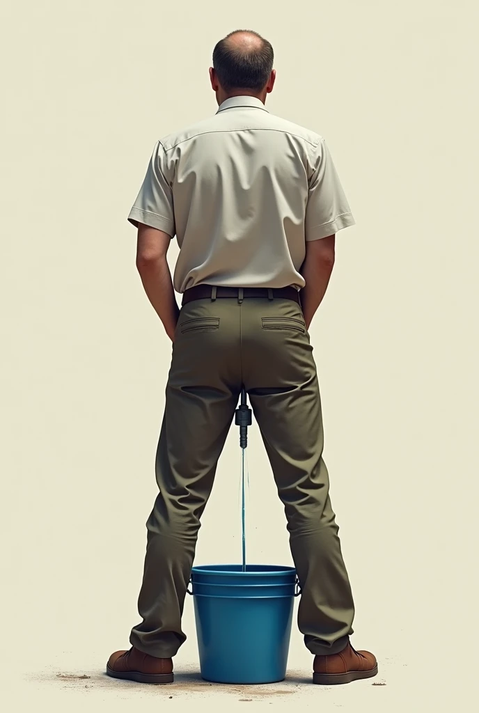 Create an image of a man seen from behind, standing, urinating into a blue bucket. The scene should show the man leaning slightly forward., with legs open to keep the bucket between them. The blue bucket should be in the center of the image, well positioned between the man's legs, with a visible stream of urine directed into the bucket. The man must be wearing simple clothes, like a shirt and pants, with enough detail to make it identifiable, but without excessive focus on facial features, since he has his back turned.