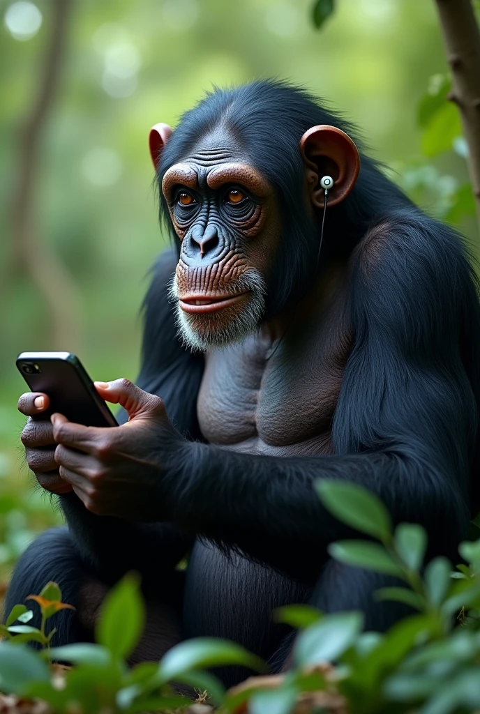 Adult chimpanzee monkey using cell phone with earphones