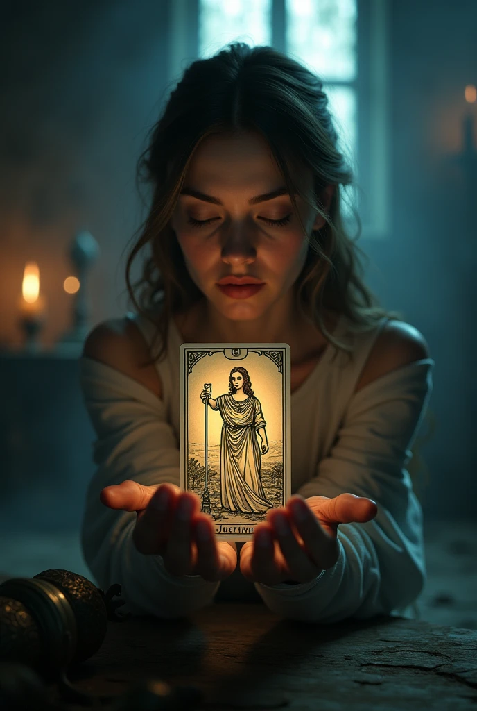 Tarot card justice in a girl&#39;s hand against the backdrop of a mysterious atmosphere in the room