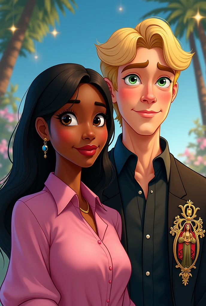 Disney-style drawing of a black woman with straight hair, with a pink shirt and a blond man with green eyes with a black dress shirt with Jesus on the side drawing