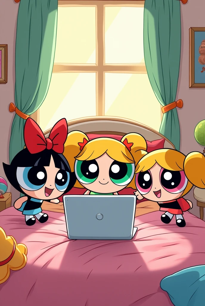 Three sisters from the cartoon Powerpuff Girls are playing on the bed in front of the laptop