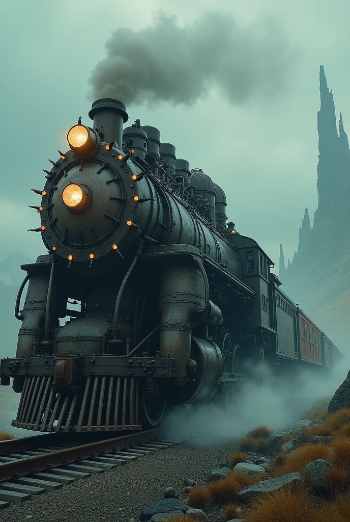 Make a picture of a monster train, gerbong panjang yang realistis dan cinematic