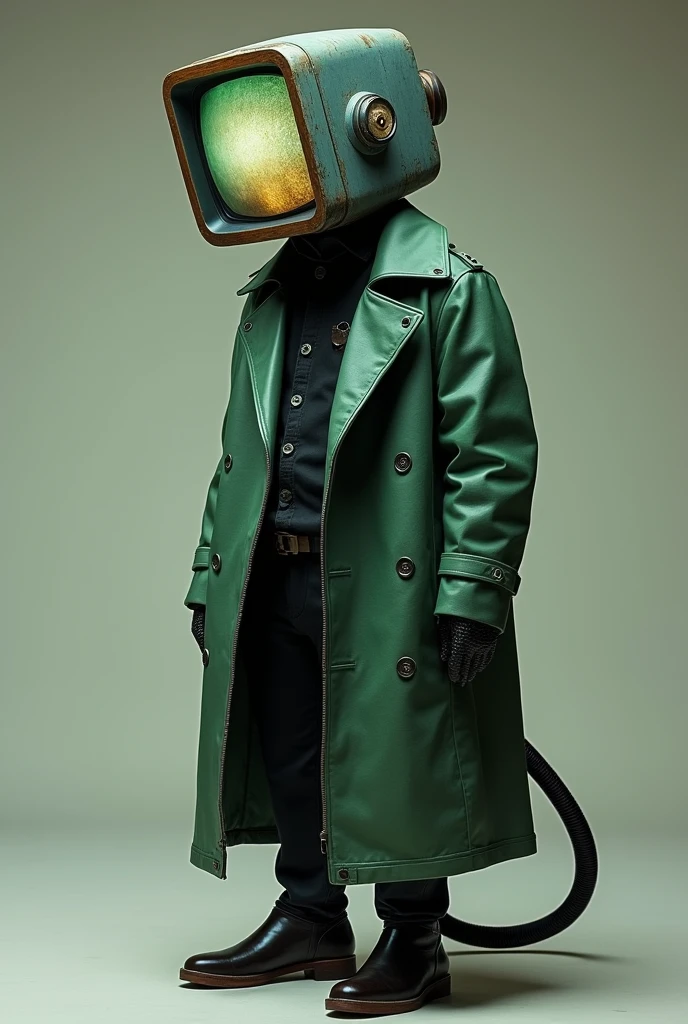 Create a man with a television head,with a socket tail and a green and black coat ,make him with a 45 cm dick