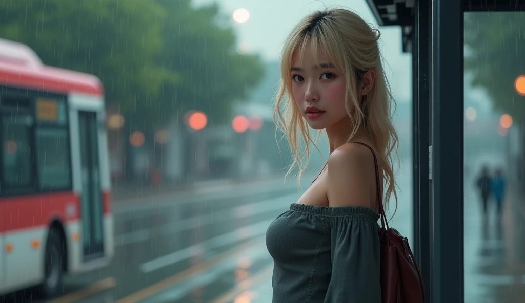 blond,Bus stop,girl,wet,Good figure,Sexy,20 years old,Asia,Realistic,Off-shoulder,front