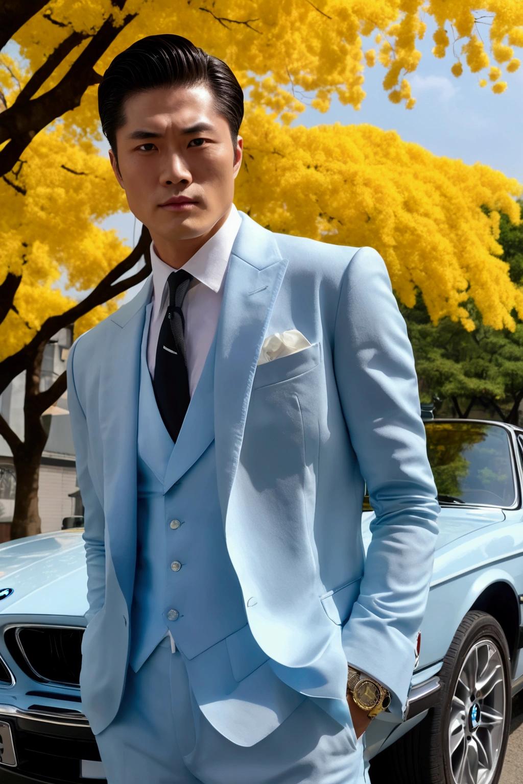 (One wearing a full light blue striped suit、White shirt、tie、Japanese man about 180cm tall)、best quality、masterpiece、Ultra-high resolution、(Photo realism:1.4)、original photo、(街道上One wearing a full light blue striped suit、White shirt、打tie的年輕英俊的日本男人、Standing under the ginkgo tree、Yellow and big ginkgo leaves、Clear details of leaves)、(There is a white BMW840I next to the man、Man's hands on car roof) shadow、Octane Rendering、8K、super sharp、real light、(There is only one white BMW on the street、man's shining eyes、looking in the direction of the camera)、super high quality、High target、gentleman、very beautiful hair、Bright photos、The man is as handsome as a model and as handsome as an idol,Professional profile photo, Professional portraits、Realistic portraits, Detailed color portrait, Idol portrait, high quality photos.