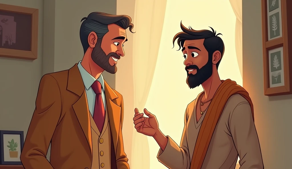  A gentleman lovingly explains to a poor helpless man, indian. cartoon