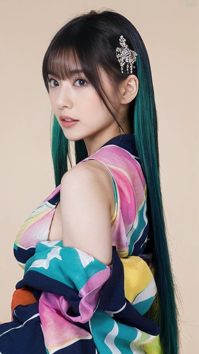 (masterpiece, Highest quality, High resolution:1.4), wallpaper, whole body, One girl, Long Hair, (Blue Hair:1.0), (Black Hair:1.0), Green Eyes, Multicolored Hair, Gradient Hair, Large Breasts, Turn to the side, yukata , Have a popper, night, Hair Clip, bangs,