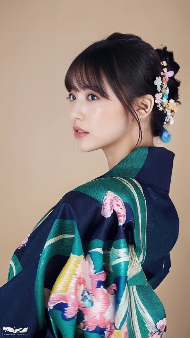 (masterpiece, Highest quality, High resolution:1.4), wallpaper, whole body, One girl, Long Hair, (Blue Hair:1.0), (Black Hair:1.0), Green Eyes, Multicolored Hair, Gradient Hair, Large Breasts, Turn to the side, yukata , Have a popper, night, Hair Clip, bangs,