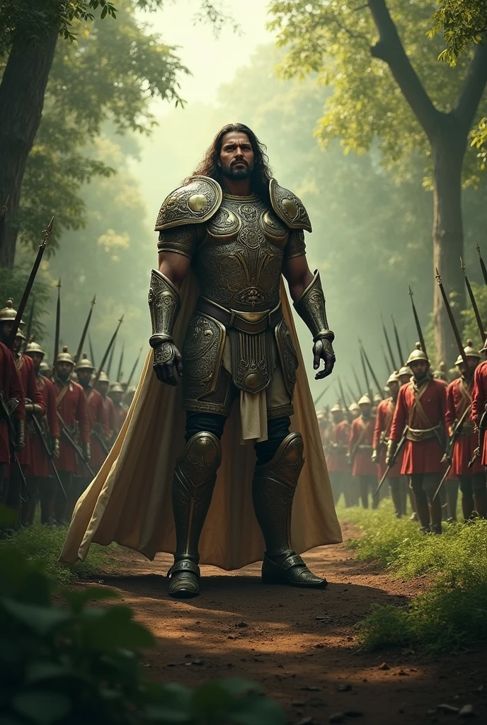 Indian king attack on British army he was alone standing against hall army wear costume of iron in jungle area