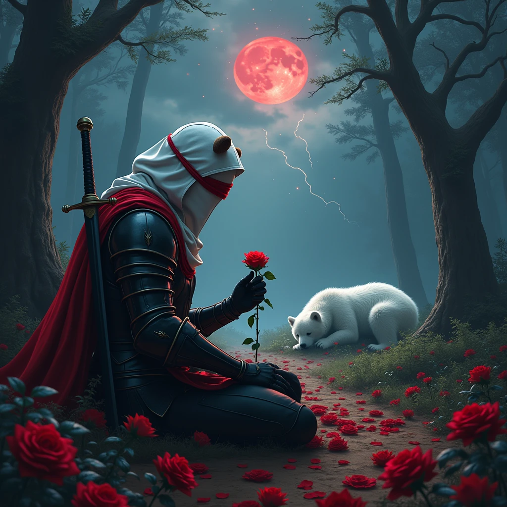 Male knight with a white hood with bear ears with sword behind his back sits on the ground towards a polar bear in a forest while the moon shines, many Roses cover the ground and lightning falls from the sky. The polar bear sleeps in front of the knight. Only the man wears a red blindfold. In the background of the picture is the blood moon and a tree has fallen down in the path. The forest is full of trees with leaves. The armor of the man is black and red roses decorate it. The knight smells on a rose. The sky is full of stars. 
