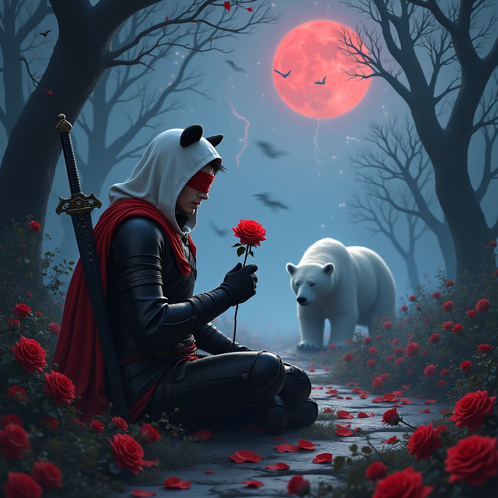 Male knight with a white hood with bear ears with sword behind his back sits on the ground towards a polar bear in a forest while the moon shines, many Roses cover the ground and lightning falls from the sky. The polar bear sleeps in front of the knight. Only the man wears a red blindfold. In the background of the picture is the blood moon and a tree has fallen down in the path. The forest is full of trees with leaves. The armor of the man is black and red roses decorate it. The knight smells on a rose. The sky is full of stars.