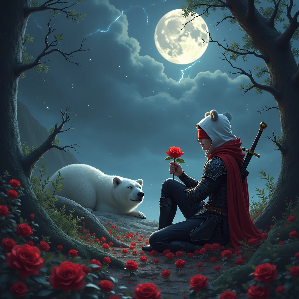 Male knight with a white hood with bear ears with sword behind his back sits on the ground towards a polar bear in a forest while the moon shines, many Roses cover the ground and lightning falls from the sky. The polar bear sleeps in front of the knight. Only the man wears a red blindfold. In the background of the picture is the blood moon and a tree has fallen down in the path. The forest is full of trees with leaves. The armor of the man is black and red roses decorate it. The knight smells on a rose. The sky is full of stars.