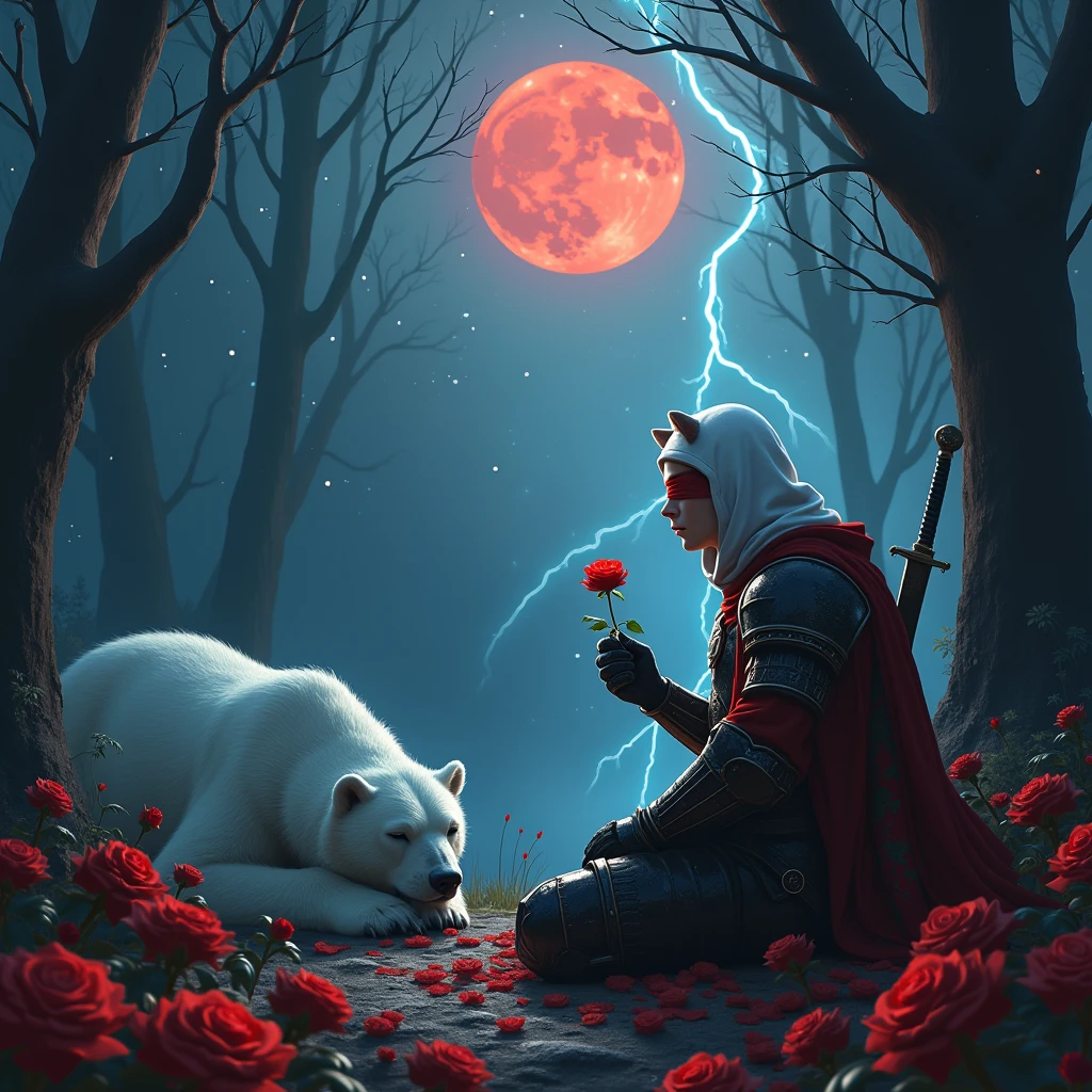 Male knight with a white hood with bear ears with sword behind his back sits on the ground towards a polar bear in a forest while the moon shines, many Roses cover the ground and lightning falls from the sky. The polar bear sleeps in front of the knight. Only the man wears a red blindfold. In the background of the picture is the blood moon and a tree has fallen down in the path. The forest is full of trees with leaves. The armor of the man is black and red roses decorate it. The knight smells on a rose. The sky is full of stars.