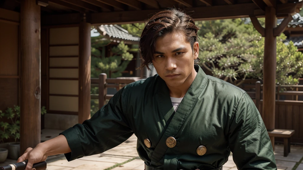 Tanjiro Kamado from 'Demon Slayer.' He is a young male with a slim, athletic build and light skin. His hair is dark brown, styled in a messy, spiky bob with reddish-brown tips and a prominent tuft sticking up. He has large, expressive brown eyes and a small, triangular maroon scar on his forehead. Tanjiro wears a dark green haori with a black-and-green checkered pattern over a dark-brown, high-collared jacket with a white belt. His trousers are dark brown, complemented by rugged boots. He carries a katana with a dark hilt and a red-and-black patterned scabbard. His expression is determined, and he is posed as if ready for battle, with a possible misty forest or traditional Japanese architecture in the background.