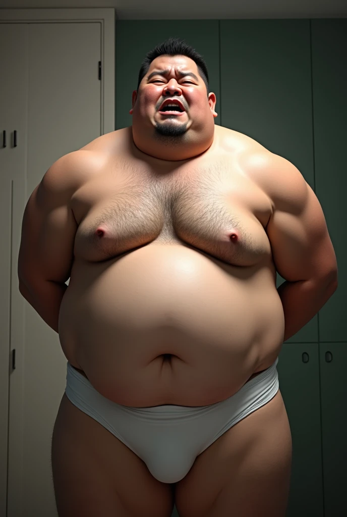 He weighs 130 kg, For a person who is 170cm tall, I&#39;I&#39;m a middle-aged man、I have a fat metabolic body type.、Round physique, Short black hair, Upper body naked.Wearing white briefs、I am Japanese、he has stubble.、Lots of body hair、I&#39;I&#39;m wearing black business shoes、I&#39;She is wearing thin black nylon socks.、Hands folded behind your back、
Highest quality, Anatomically correct, masterpiece, Backlight, Open your mouth, High resolution, Attention to detail, Textured skin, Ahegao, pain, Excited, Intimidating, Fat face, 
