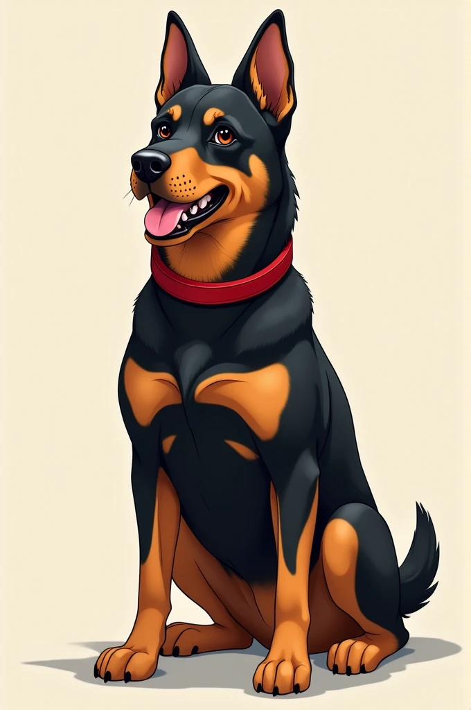 Realistic illustration of a rottweiler dog mixed with a German shepherd, has a red collar, friendly and young face.