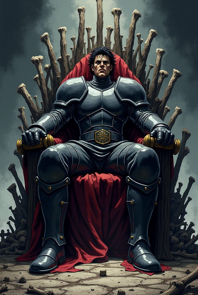 Guts from the Berserk series, 90's animated anime version, sitting on a throne with bones, with his armor and looking with disdain and power