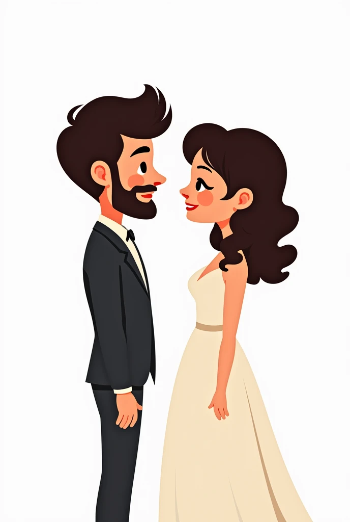 Imagine a cartoon-style engaged couple, the groom has short curly hair and a beard, the bride in fringe hair on the forehead, the image has an all white background, the bride and groom are facing each other and their hair is black