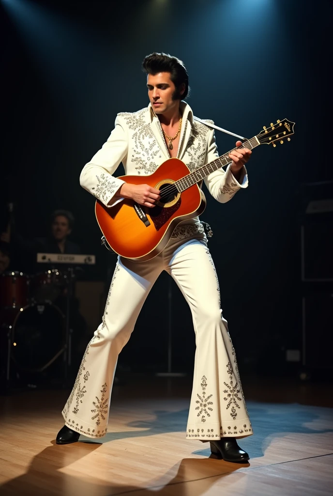 Elvis impersonator dances holding his acoustic Gibson guitar