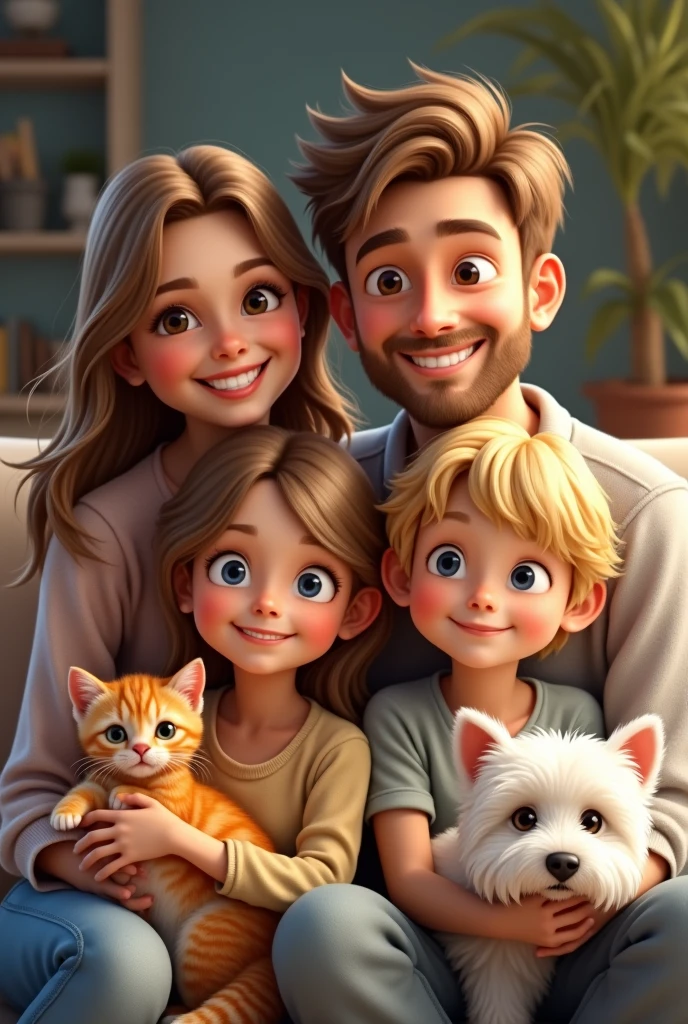 Happy family 40 year old mom blonde with brown eyes, 40 year old father with little brown hair and brown eyes, daughter with long brown hair and brown eyes, son, blond with blue eyes. With orange tabby kitten and white westie dog