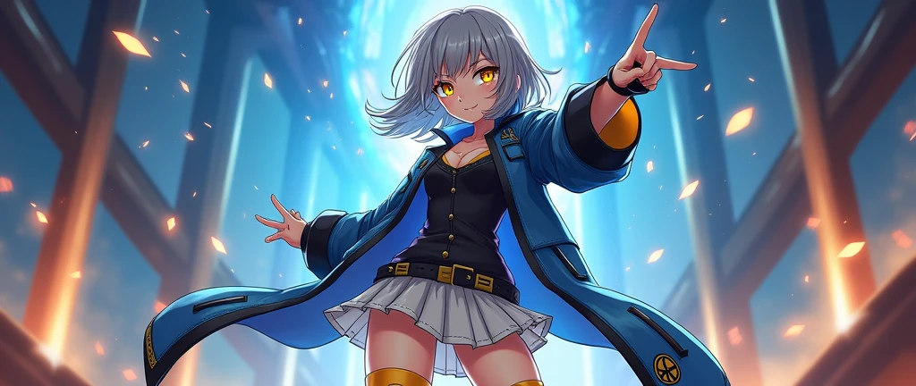 "Draw an anime-style female character with shoulder-length smoky gray hair. She is wearing a blue and black magic-style leather jacket, a knee-length white and black magic-style skirt, yellow high socks, and tall black boots. She has one black glove on one hand. The character is striking a cool pose, with one hand on her hip and the other pointing straight ahead, with a mischievous smile on her face."