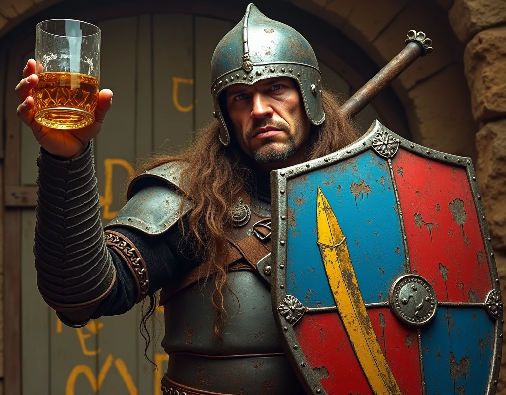 A poster depicting a tired man brandishing a glass of whisky, and carrying a blue and red shield with thin vertical yellow sword painted upwards coat of arms, damaged by fighting. (medieval battered chain mail, helmet, very battle-damaged). He's on a tavern with (the words "Conan" written in large golden letters in the foreground). He has white skin, half-closed eyes.