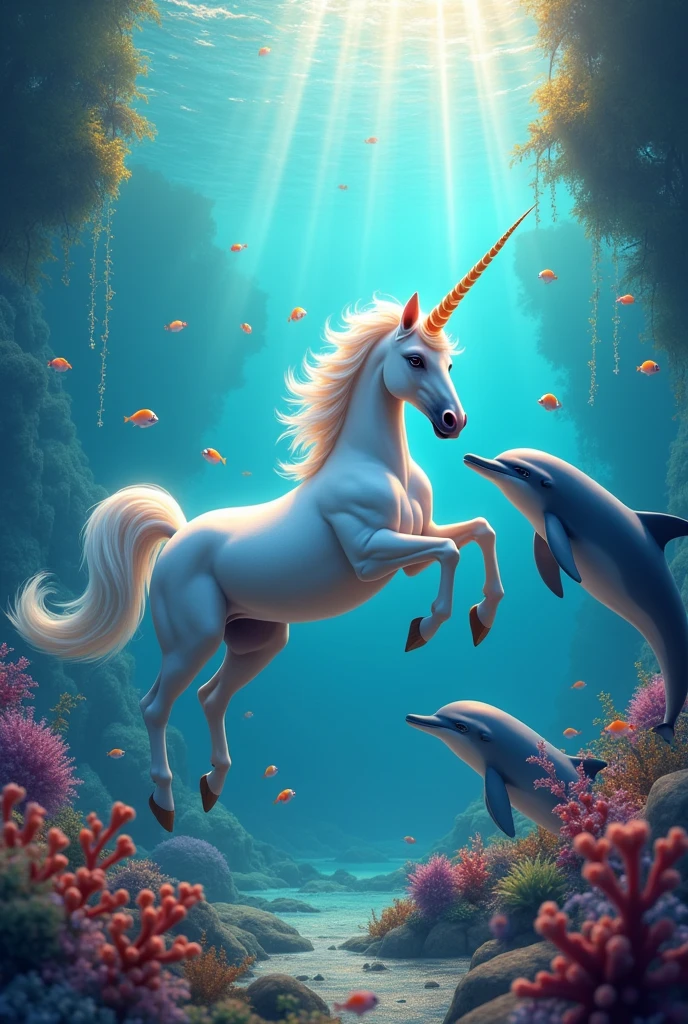 Generate a unicorn with dolphins in the water with many colors