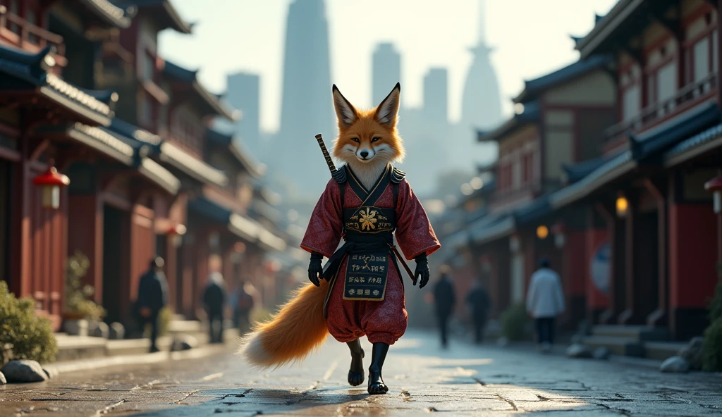 samurai fox, japanese walking for traditional city, futuristic city background, photorealistic, hyperrealistic, 8k, (best quality, 4k, 8k, highres, masterpiece:1.2), ultra-detailed, (realistic, photorealistic, photo-realistic:1.37), cinematic lighting, dramatic lighting, intricate details, highly detailed, sharp focus, vivid colors, dynamic pose, cinematic composition, masterpiece, epic scene, profile view