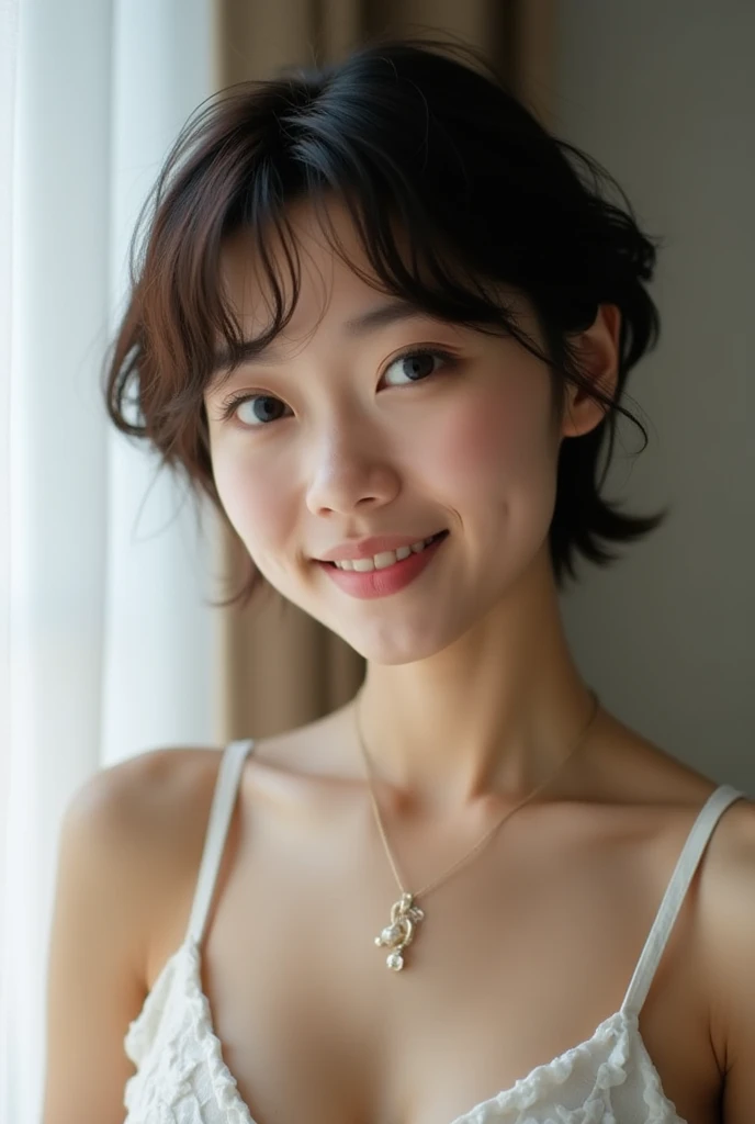 Cute Japanese 40-year-old woman、short hair、Bcup