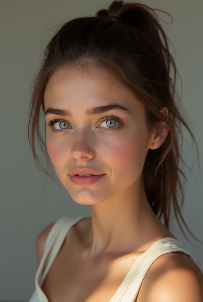 Le visage dégagé Jeune femme 25 ans sexy brune yeux bleu queue de cheval
