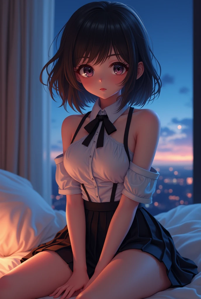 (8k, RAW Photos, Highest quality, Master:1.2), (Realistic, photo-Realistic:1.37), Super detailed, 1 girl, cute, alone, Beautifully detailed skies, Detailed face, night, Sitting, Date, (blush), (smile: 1.1), (shut up), Big Breasts, Beautiful and delicate eyes, Button unbuttoned, (Collared shirt: 1.1), bow tie, Pleated skirt, (short hair: 1.2), Flowing Hair, Long eyelashes, eye shadow, Small face, Big eyes, Full Body Shot, Exposing shoulders, indoor, bed