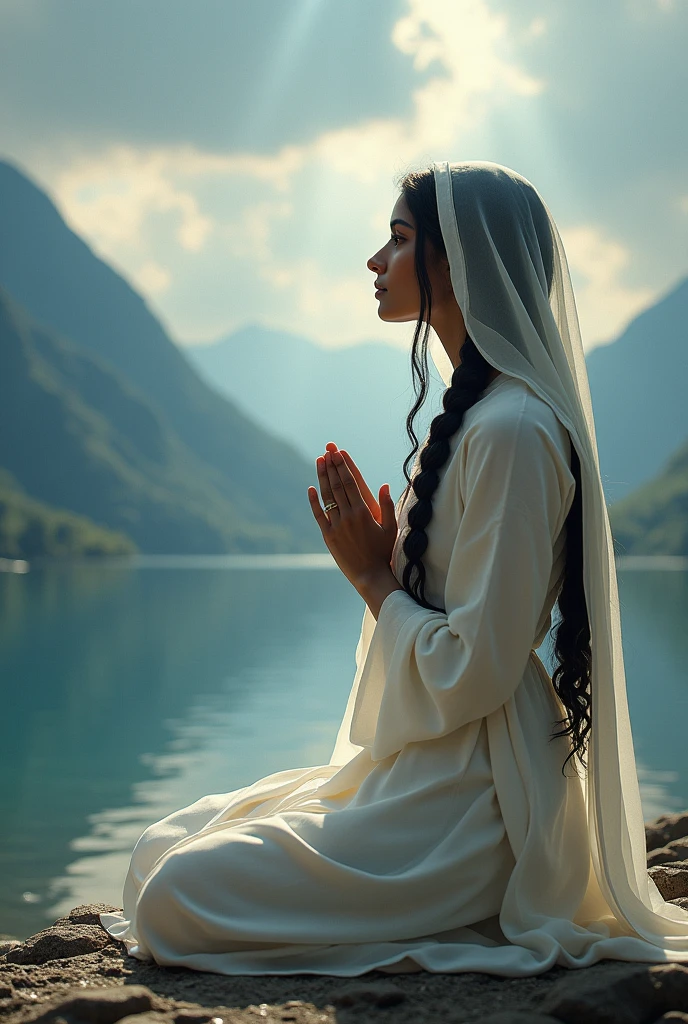 With a background of beautiful lakes and mountains with clouds shining with thunders a beautiful white young indian girl wearing white punjabi dress with thick black hair braided upto her waist covered with veil praying on her knees having jesus sit beside her holding her hands