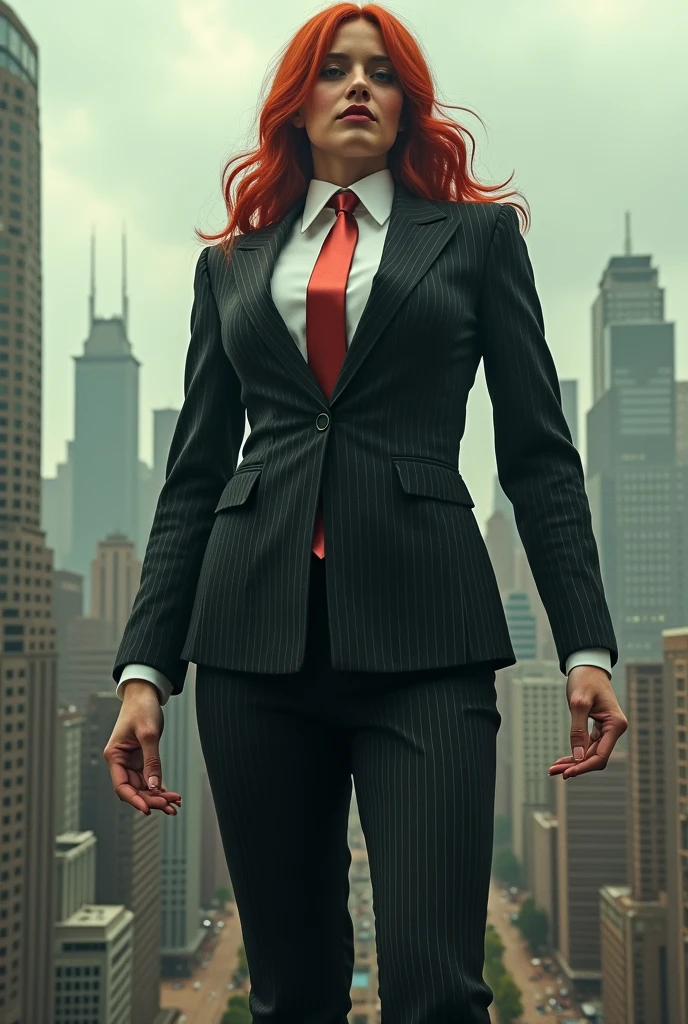 giant, giant art, giantess, heels much larger than a skyscraper , huge breasts, black pinstriped suit，white tailored shirt, metallic red tie, Has ginger waist-length hair，Wearing a pair of platform heels, leaning over, massive tie larger than a skyscraper, A look of enjoyment, Beautiful appearance，very small metropolis, Trying to destroy a miniature metropolis, Full body depiction, nffsw, Giga Giant, Exquisite makeup，quality, Cinema lighting，film grain，8k，textured skin，Super details，high detail，high quality，high resolution, smile