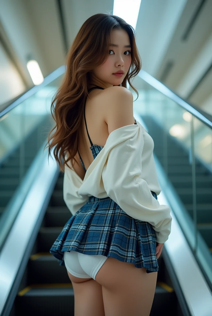 A beautiful korean girl, 20 years old, kpop style, light brown long wavy hair, sexy chubby body, chubby butt, standing back view on escalator that going up. She's wearing open white longsleeved shirt and blue tartan miniskirt, ((twisting skirt, lifting your own skirt:1.3)), ((the skirt is just below of her butt)), clearly see white slim and thight panties, (((beautiful chubby butt))), looking over shoulder to the viewer, (from below:1.4), ((small breasts))